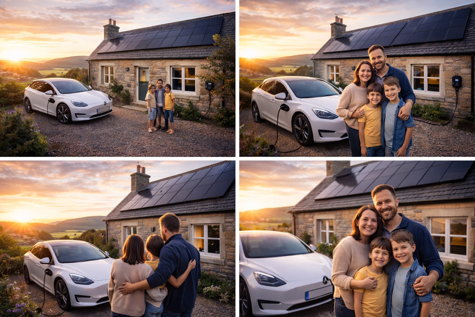Scottish stone cottage with roof-mounted solar panels and white electric vehicle charging in driveway at sunset, family standing proudly in front showing renewable energy lifestyle