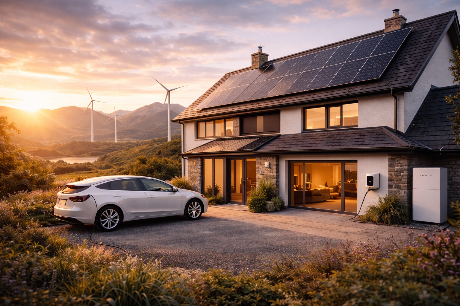 Contemporary Scottish family home with large solar panel installation, landscaped garden, white electric vehicle charging, showing smart renewable energy integration in rural Scotland